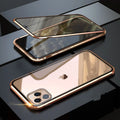 Glass clamshell anti-spy phone case for iPhone in geometric design, shown in black, silver, red, gold, green, and blue colours.