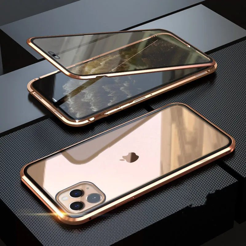 Glass clamshell anti-spy phone case for iPhone in geometric design, shown in black, silver, red, gold, green, and blue colours.