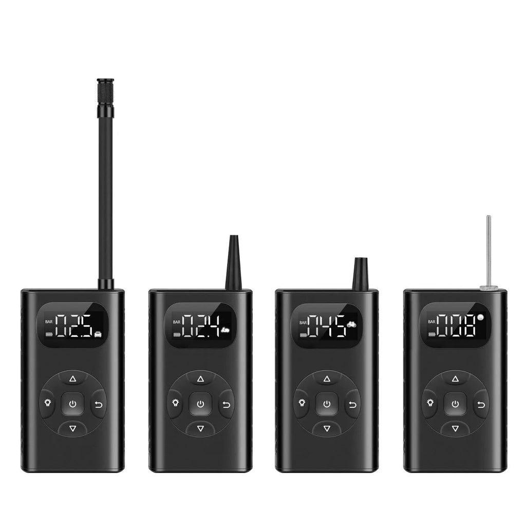 Black aluminium portable air compressor power bank for car and motorcycle tyre inflation.