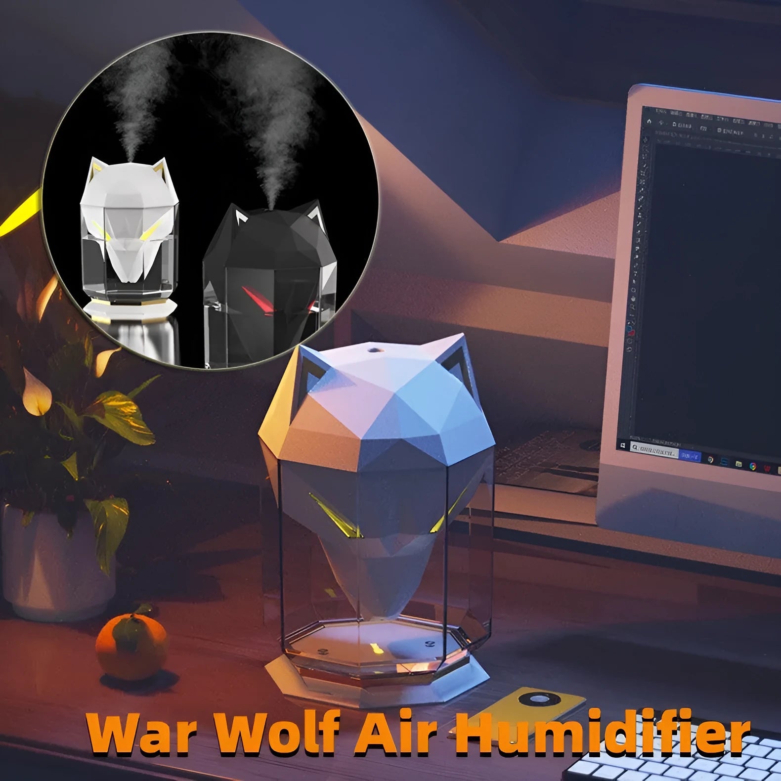 War Wolf Air desktop ultrasonic humidifier with colourful LED lights and USB cable.