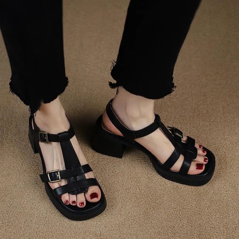 Women's black retro platform sandals with T-buckle fastening and square open toe design