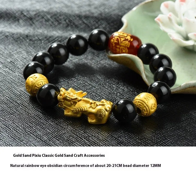 Natural obsidian temperature-sensitive colour change bracelet with gold accents and Pi Xiu motif