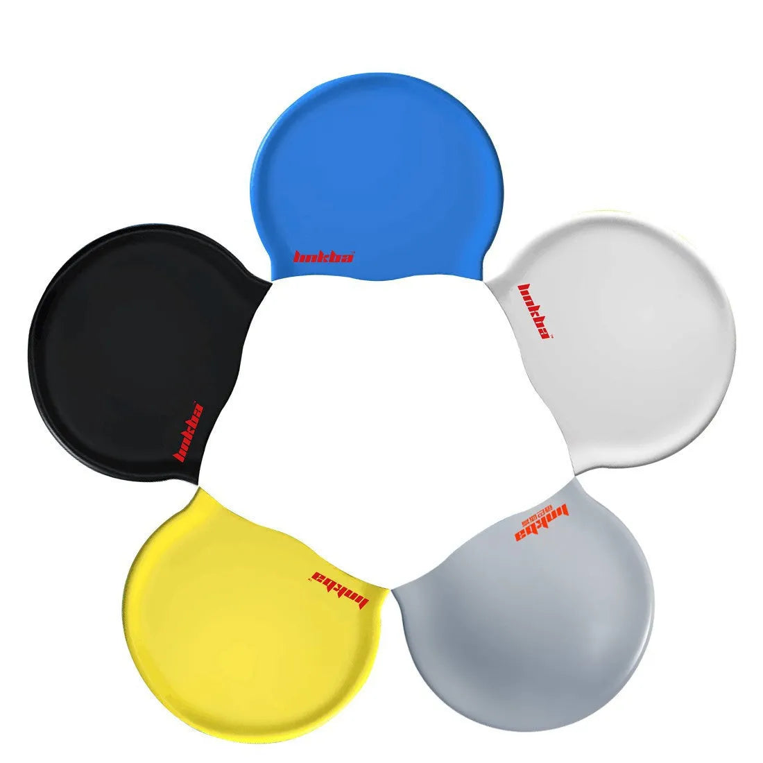 Silicone swimming cap in multiple colours including black, white, yellow, blue, and grey