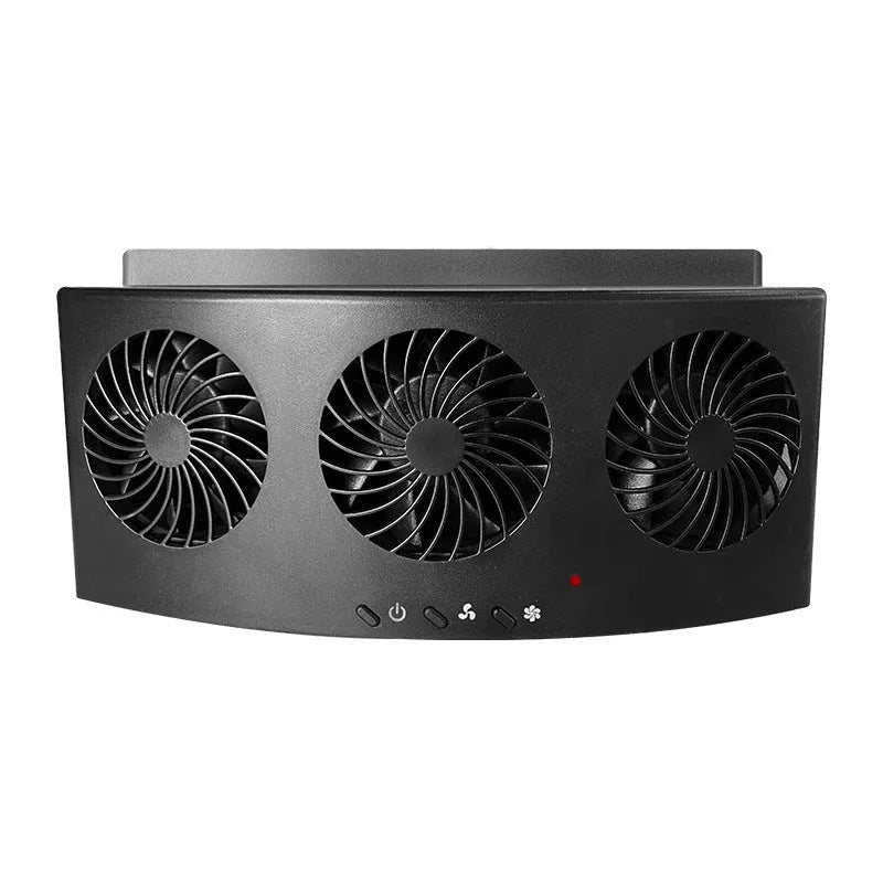 Black and white USB car ventilation fan for exhaust odour reduction measuring 23cm