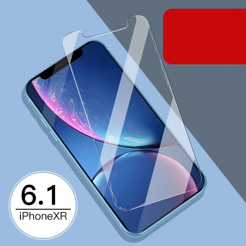 iPhone tempered glass screen protector set showing front and rear films for 11, X, and XR models.