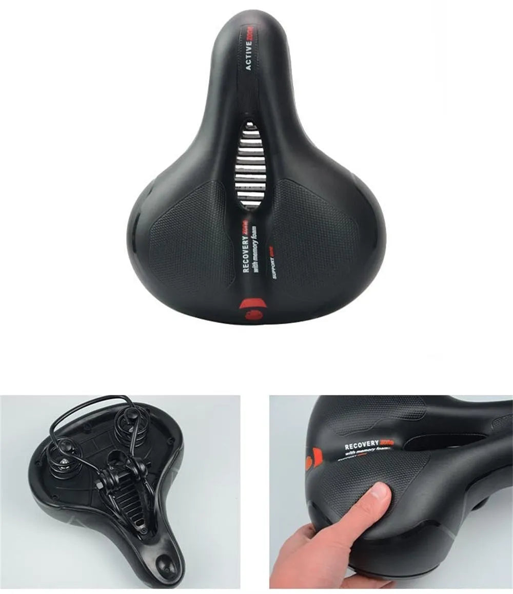 Thickened silicone bicycle saddle cushion with PU leather cover and included waterproof cover, wrench, and tyre patch