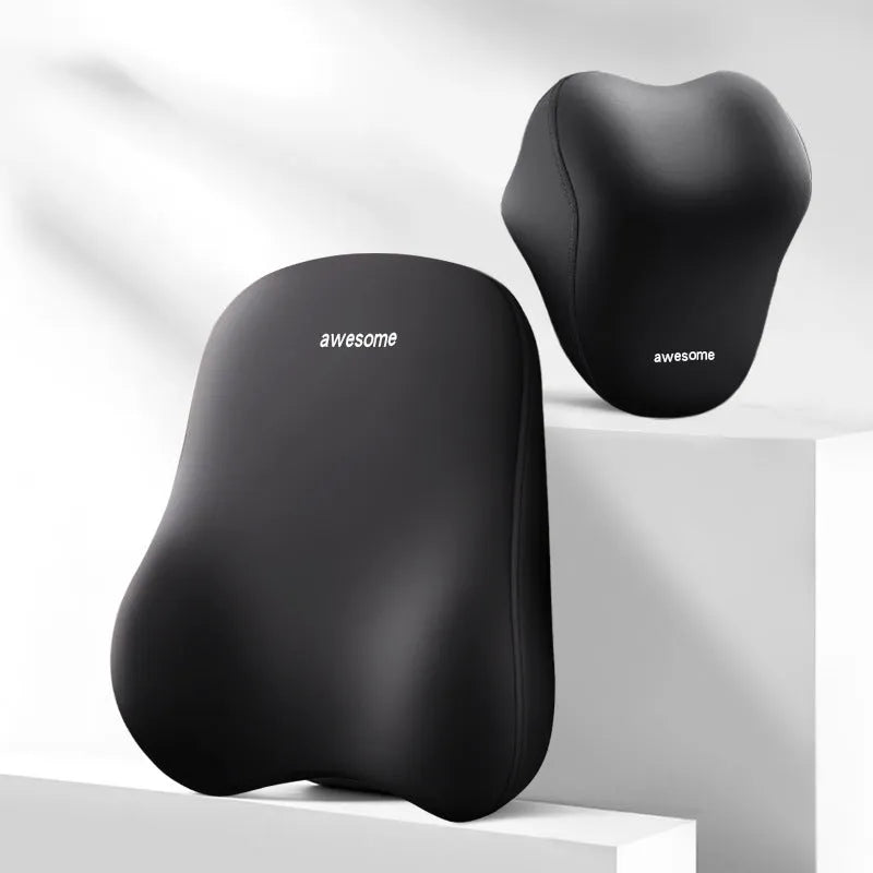 Y-black automotive headrest and lumbar support pillow set with memory foam filler on a car seat