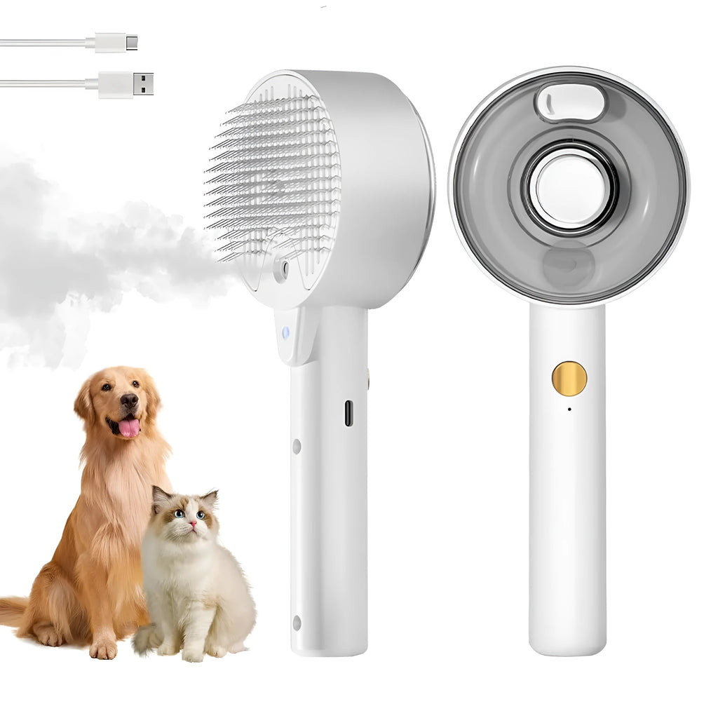 Pink and white cat steam brush with adjustable spray and rounded massage head for pet grooming