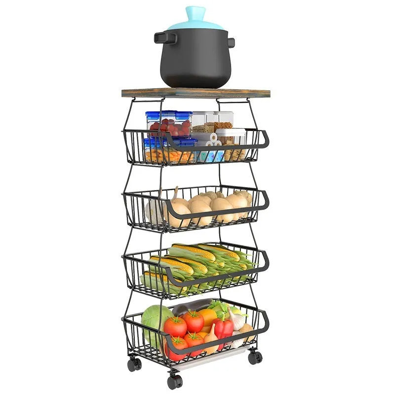 Black six-layer foldable kitchen trolley storage unit with carbon steel frame