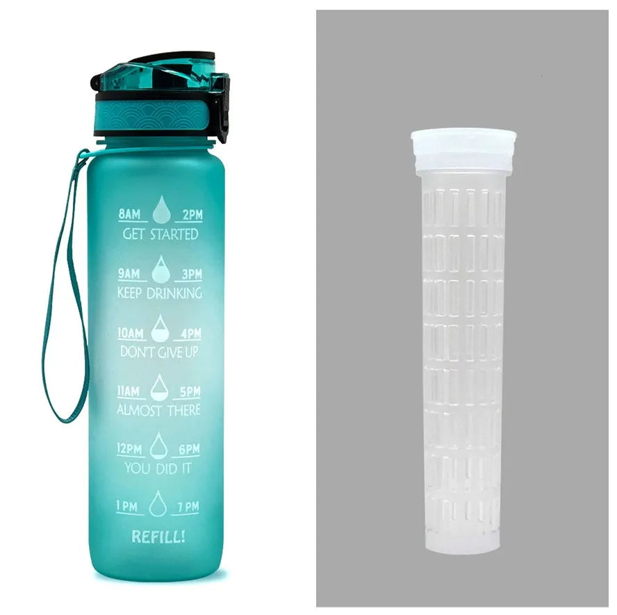 Blue and red gradient 1 litre Tritan sports water bottle with time markers and flip-top lid