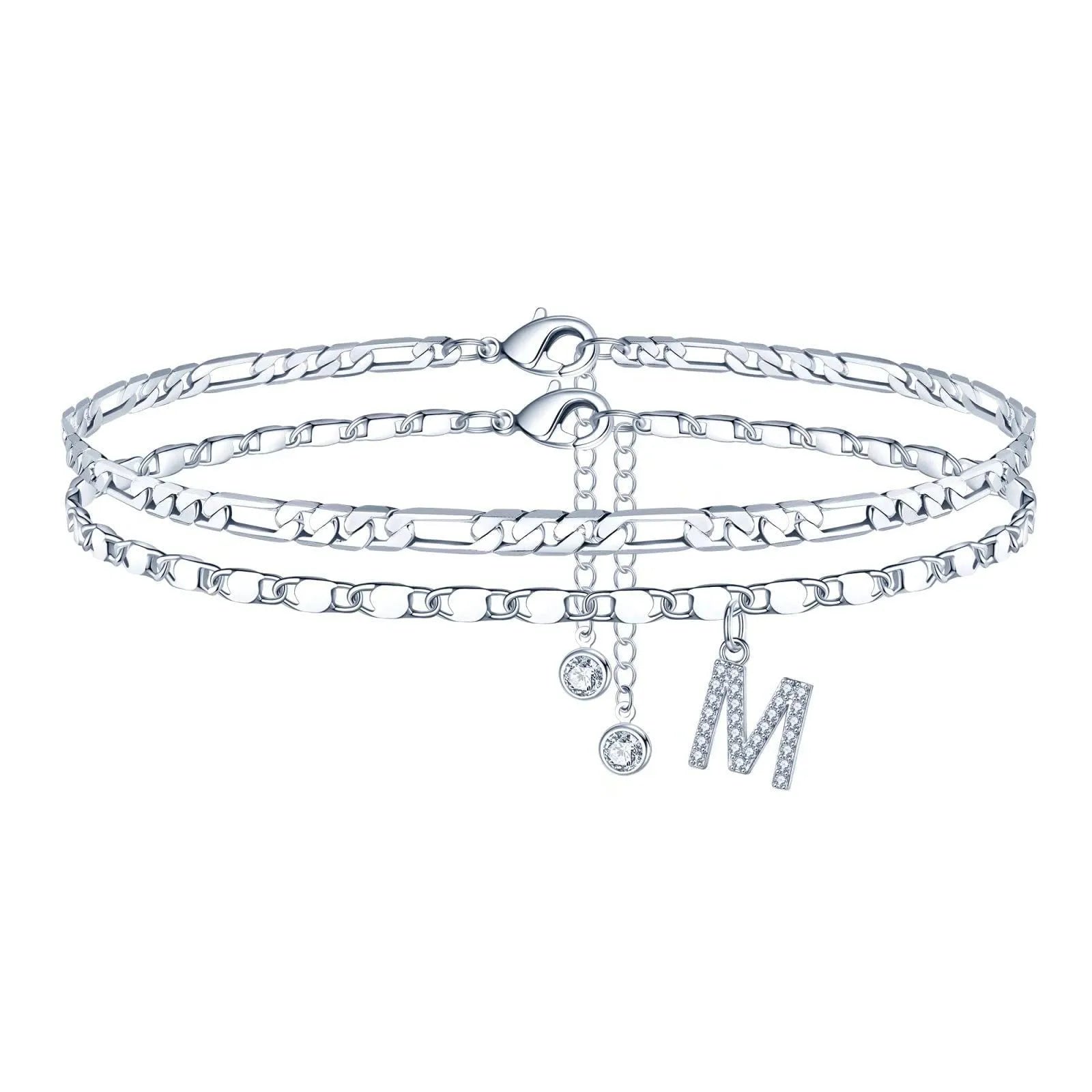 Silver-coloured copper anklet with a double-circle bead engraved with a letter.