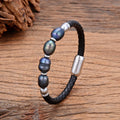 Unisex leather bracelet with irregular shaped pearls in Korean style design