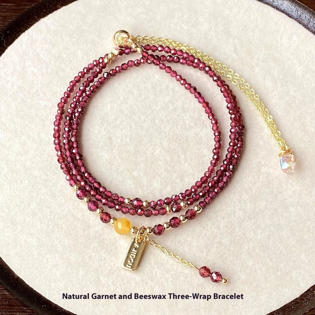 Garnet wine red bracelet and necklace set with beeswax cut surface and three circle design