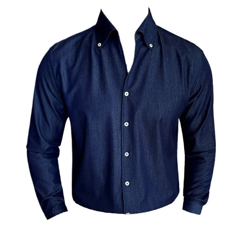 Men's slim fit long-sleeved denim shirt in cardigan style, available in black, blue and white colours