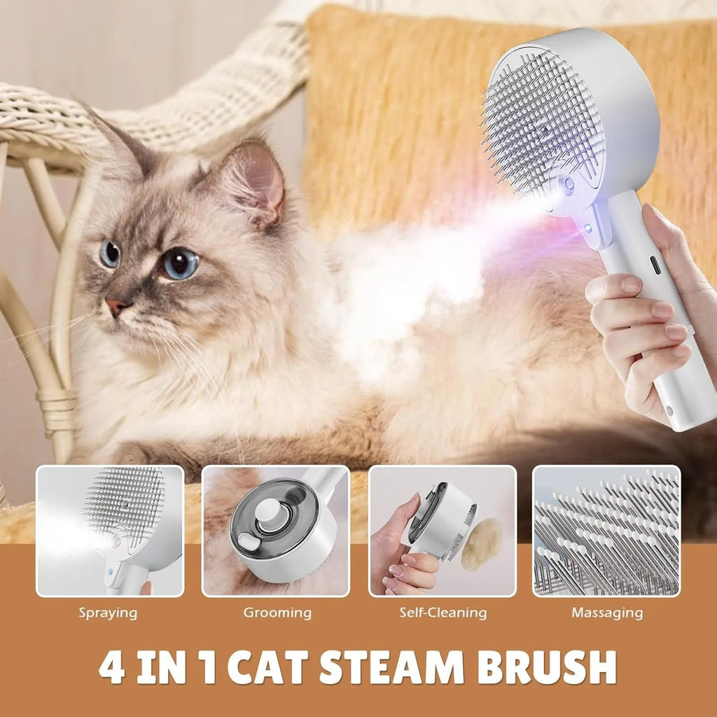 Pink and white cat steam brush with adjustable spray and rounded massage head for pet grooming