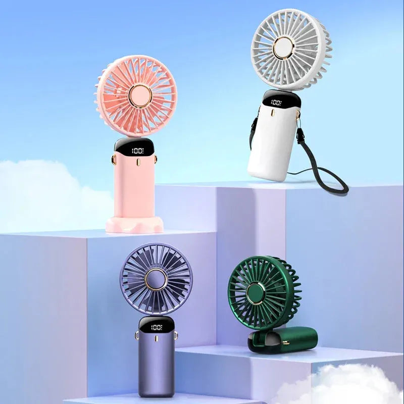 Foldable USB rechargeable portable fan showing handheld, desktop and neck-worn configurations with LED battery display