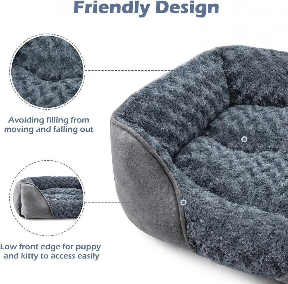 Beige stuffed kennel dog bed for a large Golden Retriever, showing soft nest design.