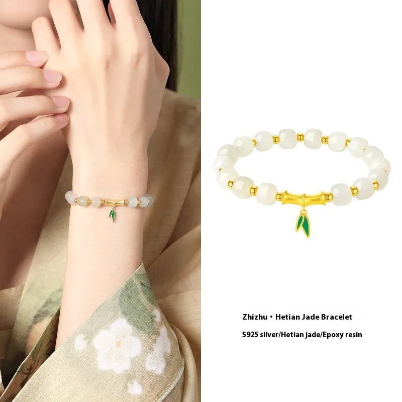 S925 sterling silver bracelet with natural Hetian jade bamboo leaf beads, 6mm size.