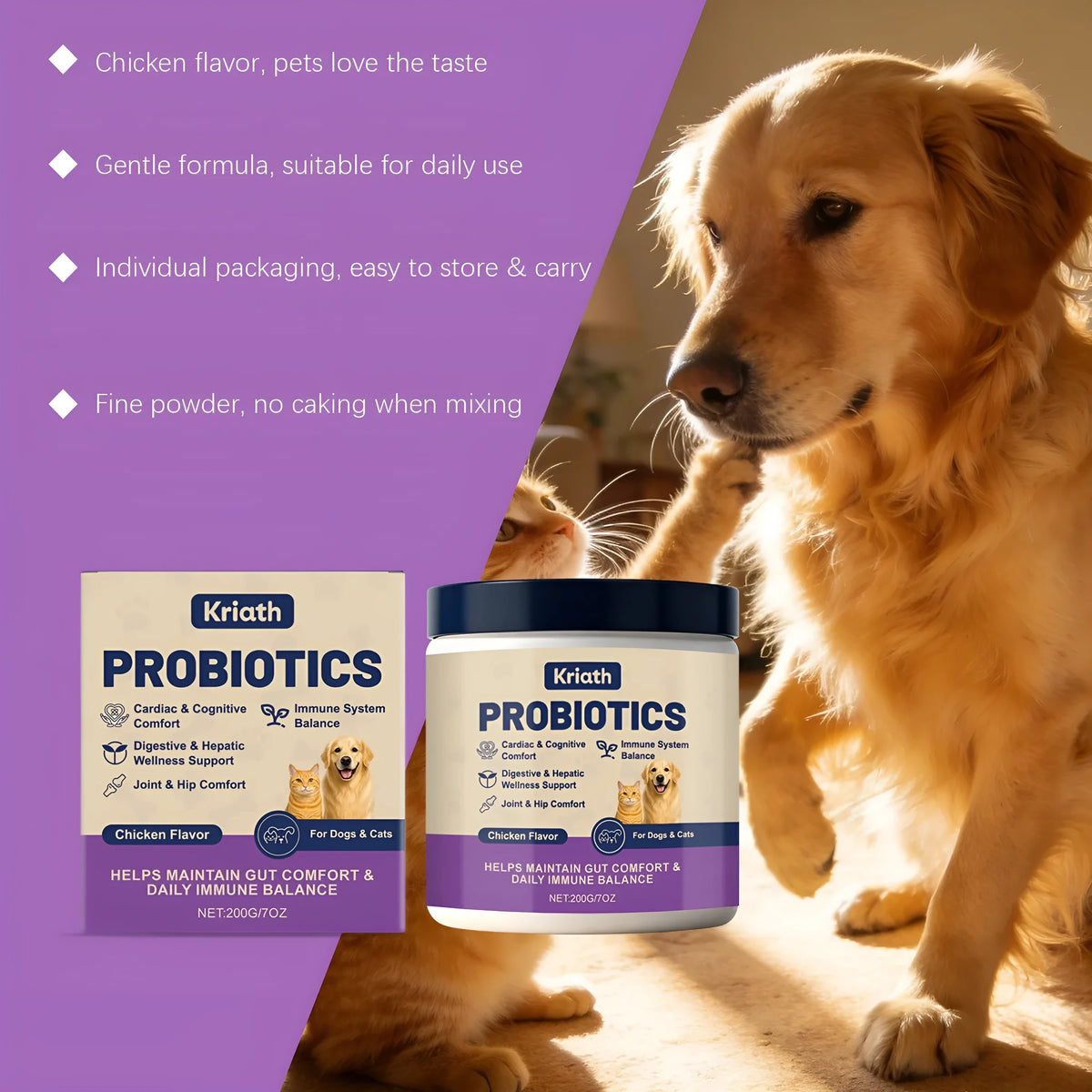 200g probiotic powder for pet intestinal care containing Bacillus subtilis, fructooligosaccharides, glucose and chicken powder