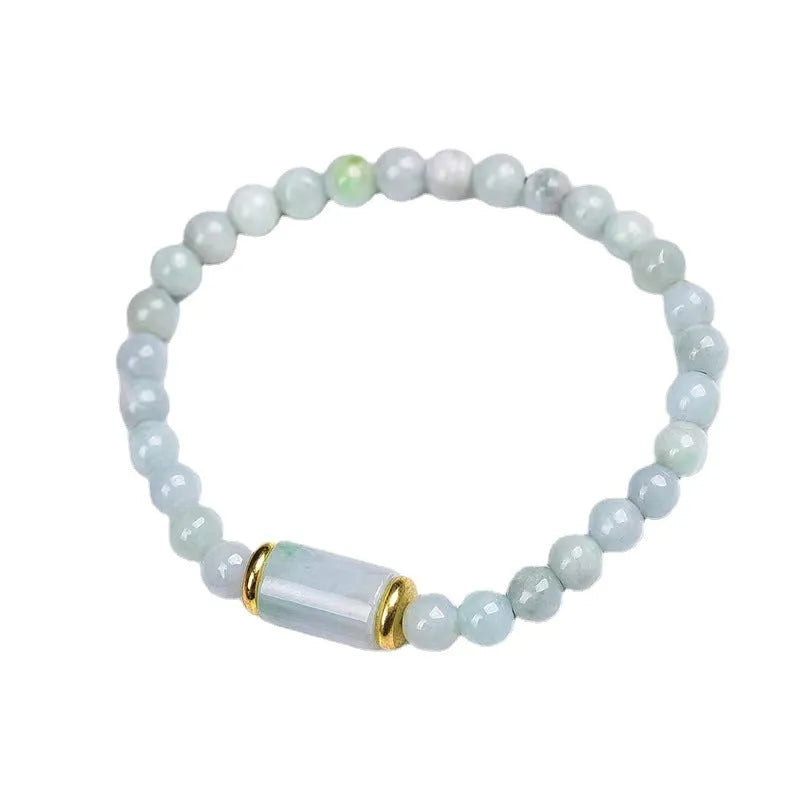 Natural Myanmar jade round beads bracelet in emerald green with ethnic geometric design