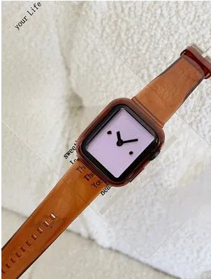 Brown transparent Apple Watch compatible replacement strap and case for Series 1-7 models