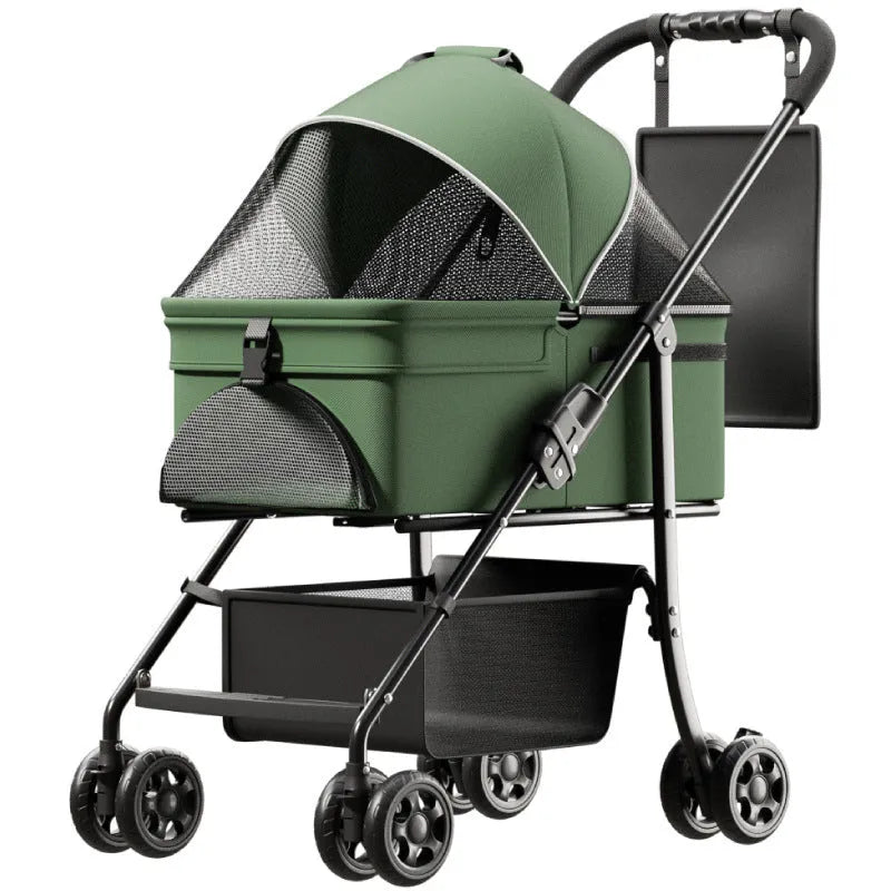 Black one-click folding metal pet cart with detachable design for dogs and small animals