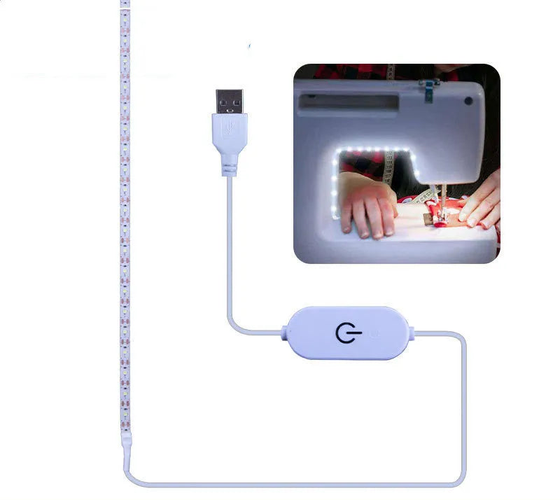 Flexible USB LED light strip bent into a curve, showing individual beads and touch control pad.