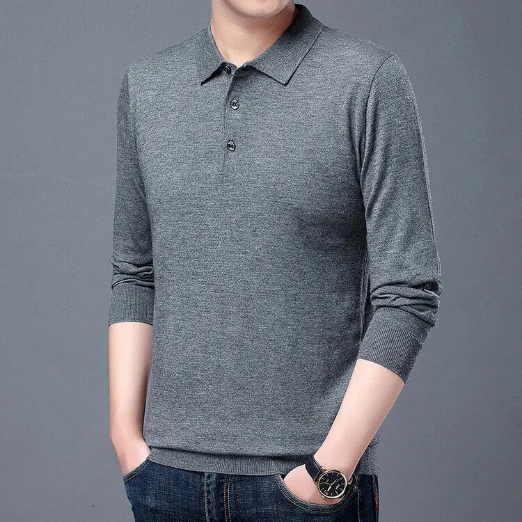 Men's long sleeve wool blend base shirt in medium gray, straight fit, for spring autumn