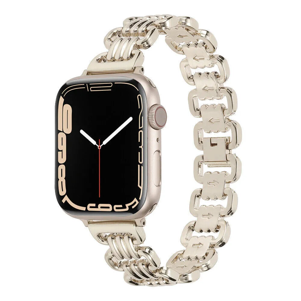 Alloy metal ladies watch bracelet for Apple Watch in various colours on a watch case