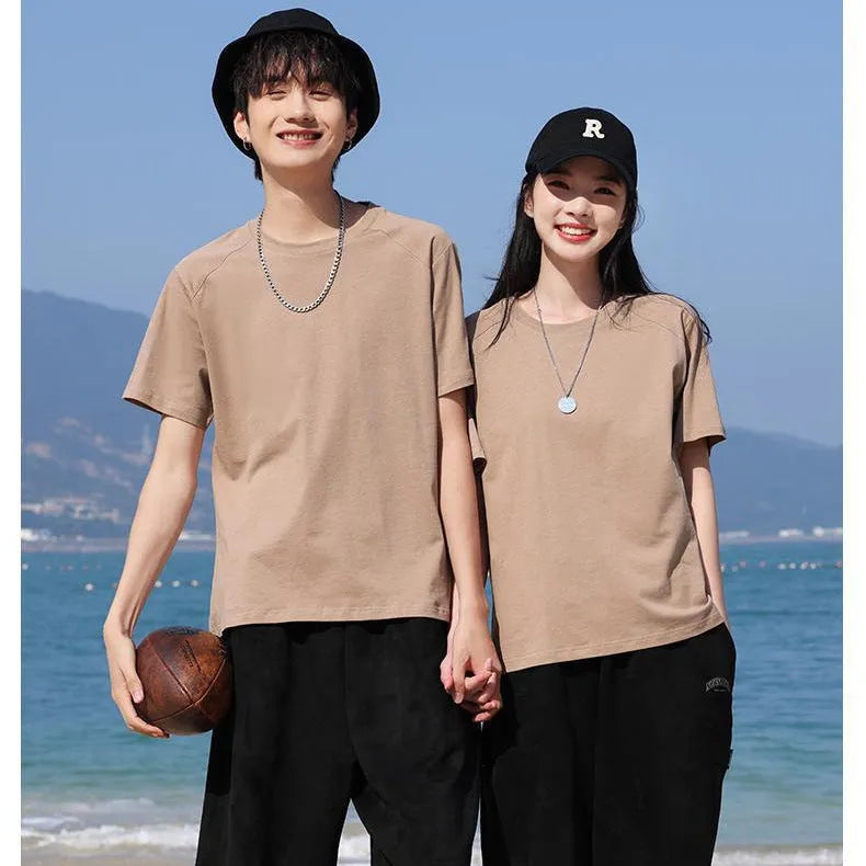 Men's pure cotton straight cut short sleeve t-shirt on a hanger, shown in multiple solid colour options.
