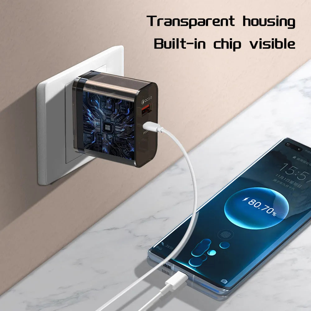 38W transparent charging adapter with TYPE-C port, EU round and US flat plug heads visible