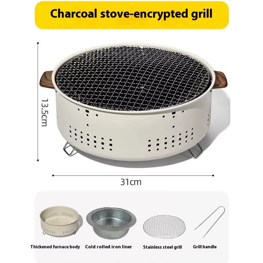Portable indoor charcoal cooking stove with grill rack, modern simple design.