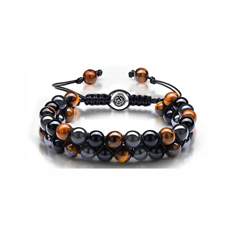 Men's tiger eye double-layer woven bracelet with bright magnet accents and geometric design