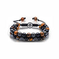 Men's tiger eye double-layer woven bracelet with bright magnet accents and geometric design