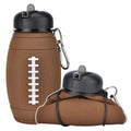 Brown rugby ball-shaped collapsible sports water bottle, 600ml, food-grade silicone, leak-proof seal, non-slip grip.