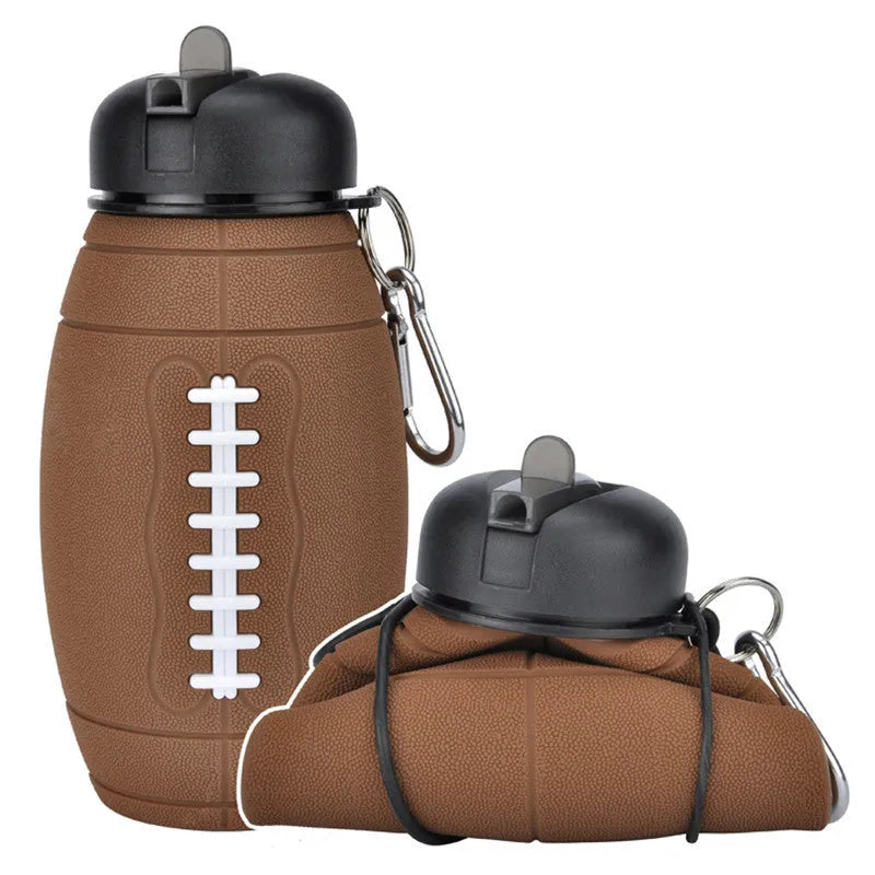 Brown rugby ball-shaped collapsible sports water bottle, 600ml, food-grade silicone, leak-proof seal, non-slip grip.