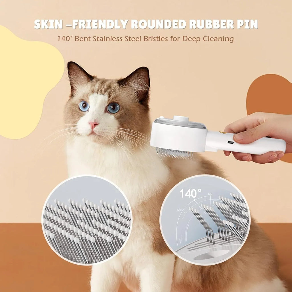 Pink and white cat steam brush with adjustable spray and rounded massage head for pet grooming
