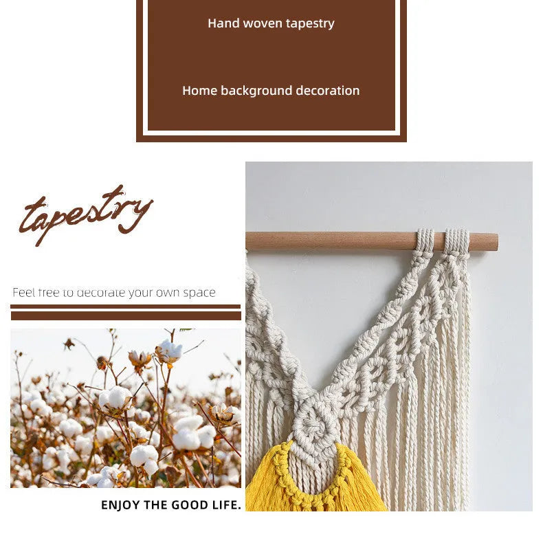 Hand-made creamy white and yellow cotton woven wall tapestry, rectangle 120cm by 95cm.