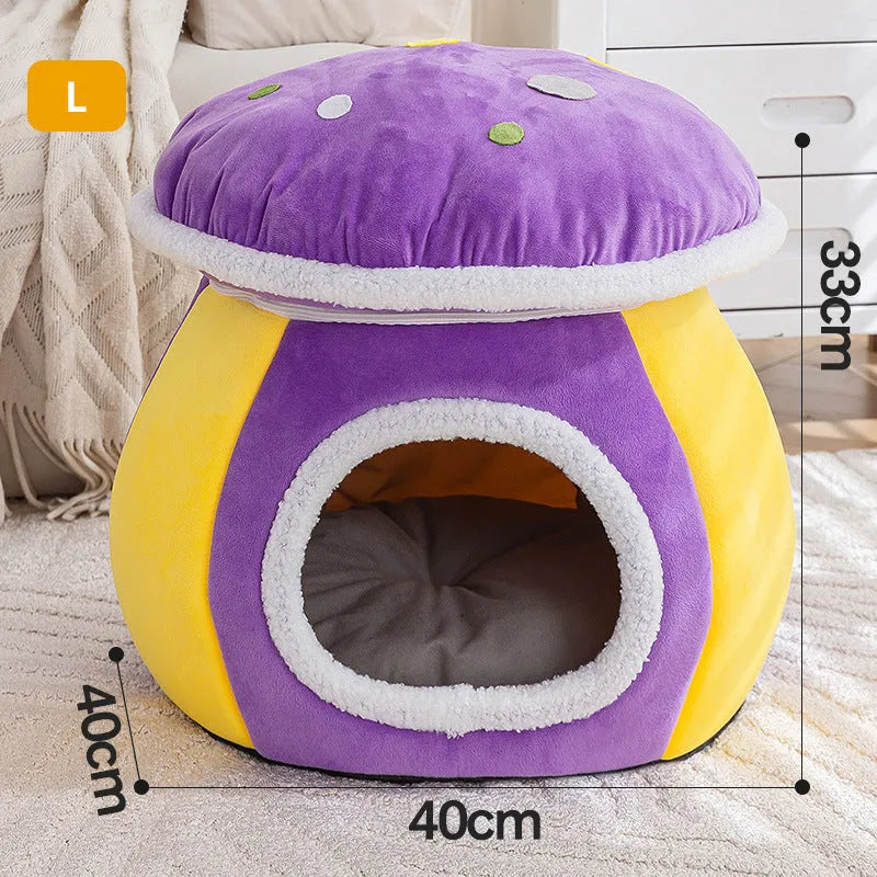 Grey mushroom-shaped plush cat nest bed for pets on a white background.