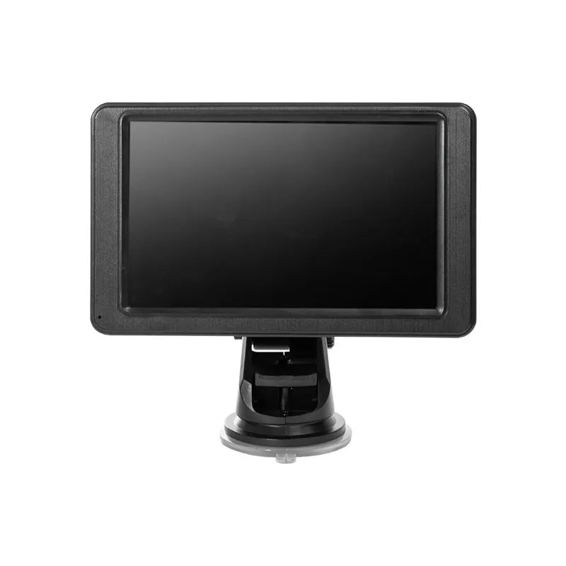 Black 7-inch car MP5 player with mounting bracket and cables on a dashboard.