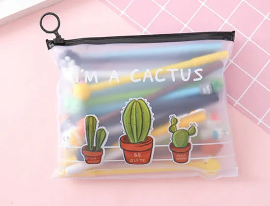 Marvel series cartoon pen set showing cactus design ballpoint pens in plastic storage case