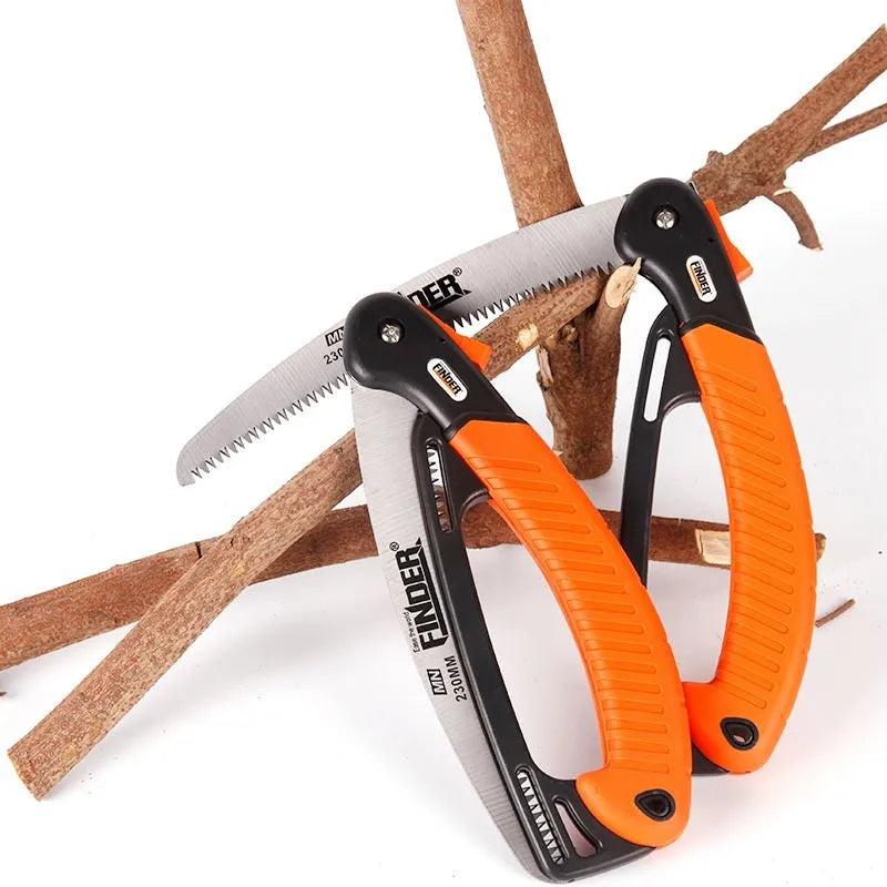 Folding garden hand saw with a 230mm steel blade and black TPR grip, shown open and closed.