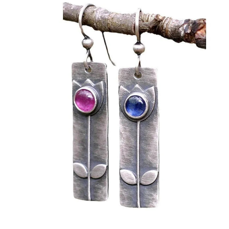 Antique finish red sapphire geometric earrings with ellipse shape for women