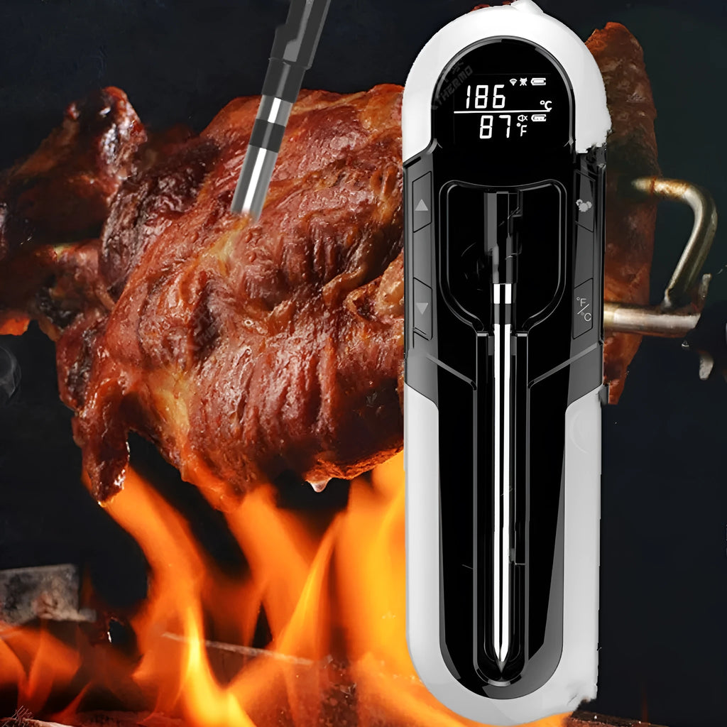 Portable Bluetooth barbecue thermometer in grey with magnet design and app interface showing meat temperature