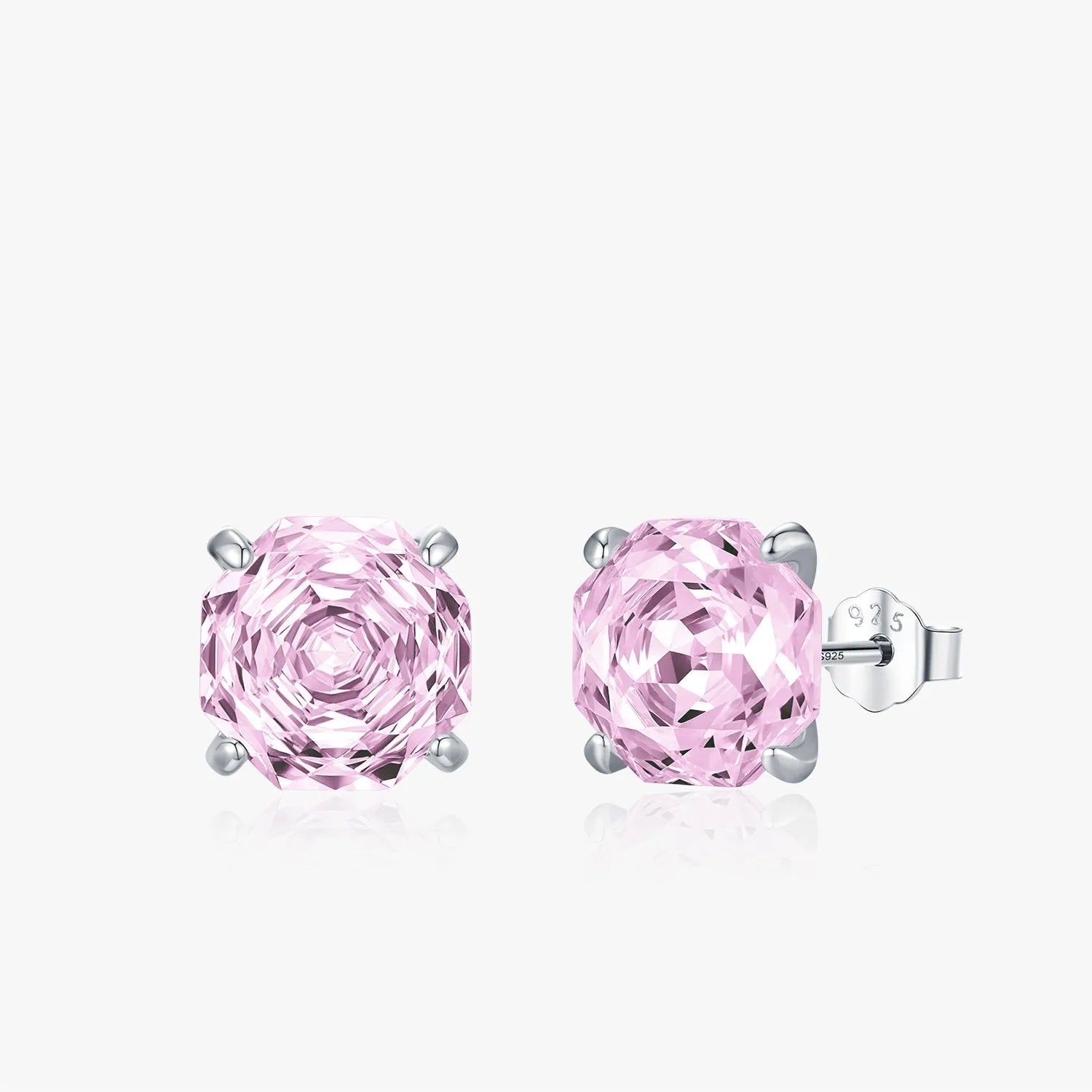 S925 sterling silver rose stud earrings for women in 6mm and 8mm sizes on a pink background.