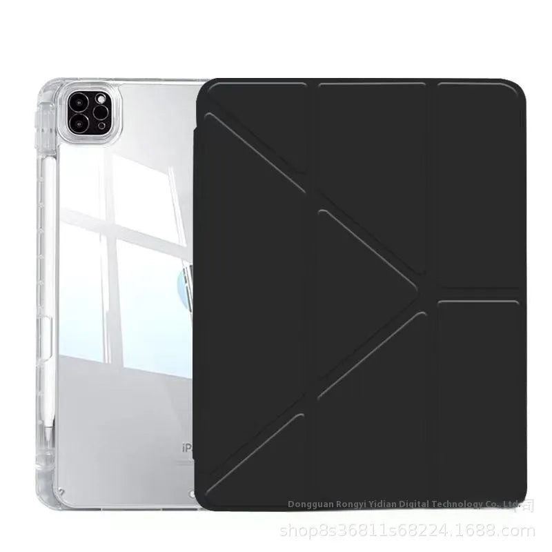 Transparent acrylic iPad protective cover with built-in folding stand in multiple colour options