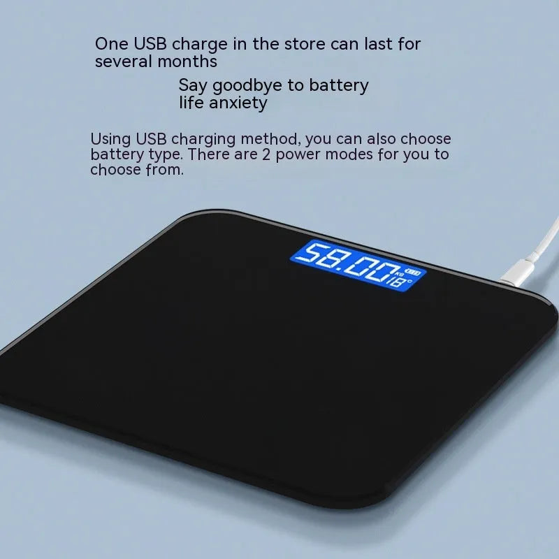 USB rechargeable electronic body scale with cross design in black, white, and rose red colour options