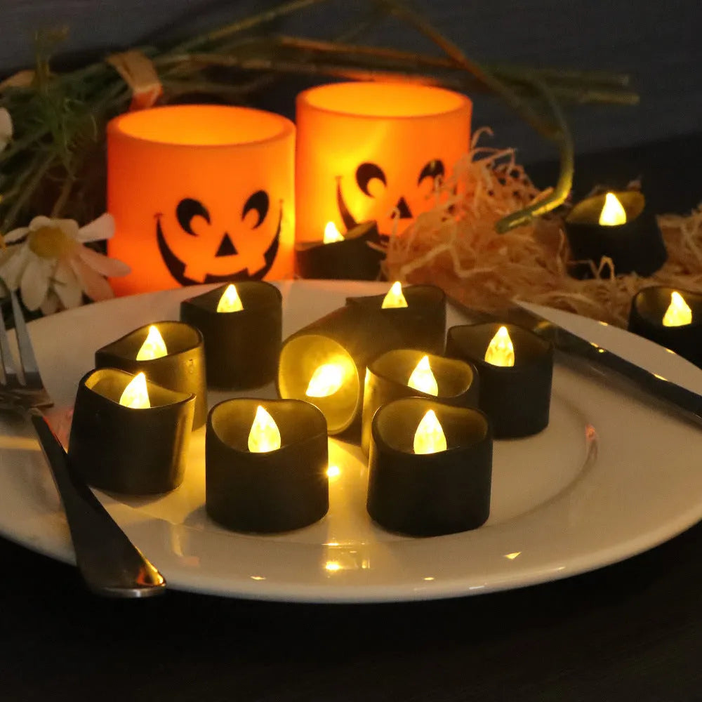LED Christmas Decorations Black Electronic Wax Candles Plastic Injection Moulded Concave Design Yellow Flash 12 Pieces Indoor Holiday Decor