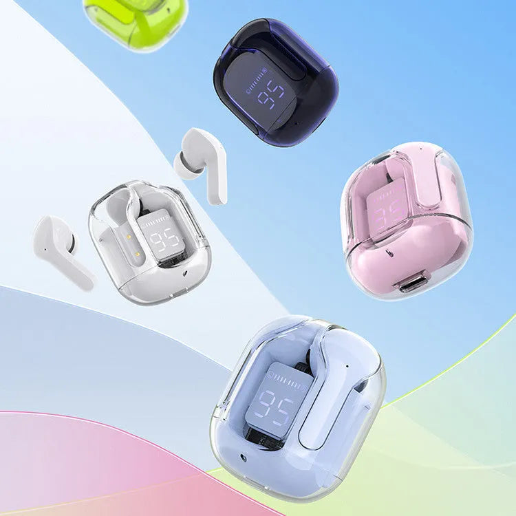 LED Power Digital Display Mini Wireless Bluetooth Headset in selected colour with charging case and accessories.