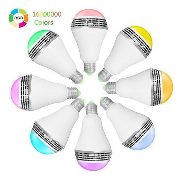 E27 smart LED bulb with Bluetooth speaker functionality showing RGB colour illumination